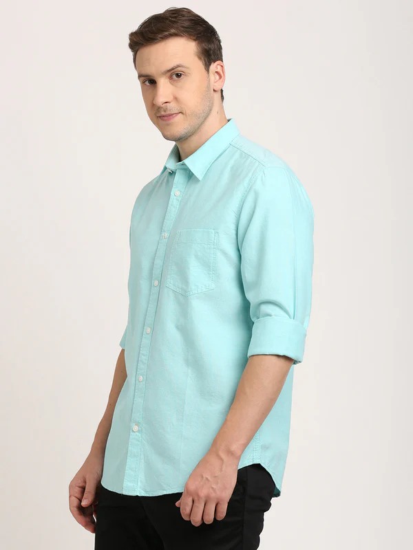 Indian Terrain Men's Regular Fit Full Sleeve Solid Green Shirt